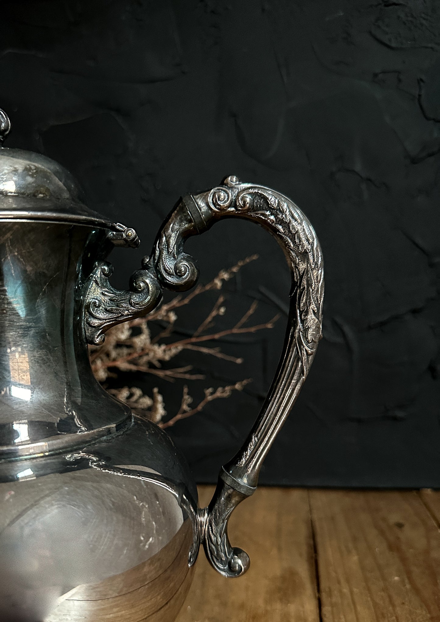 Gorgeous Ornate detail on The Stone Maidens Antique Silver Plated Teapot.