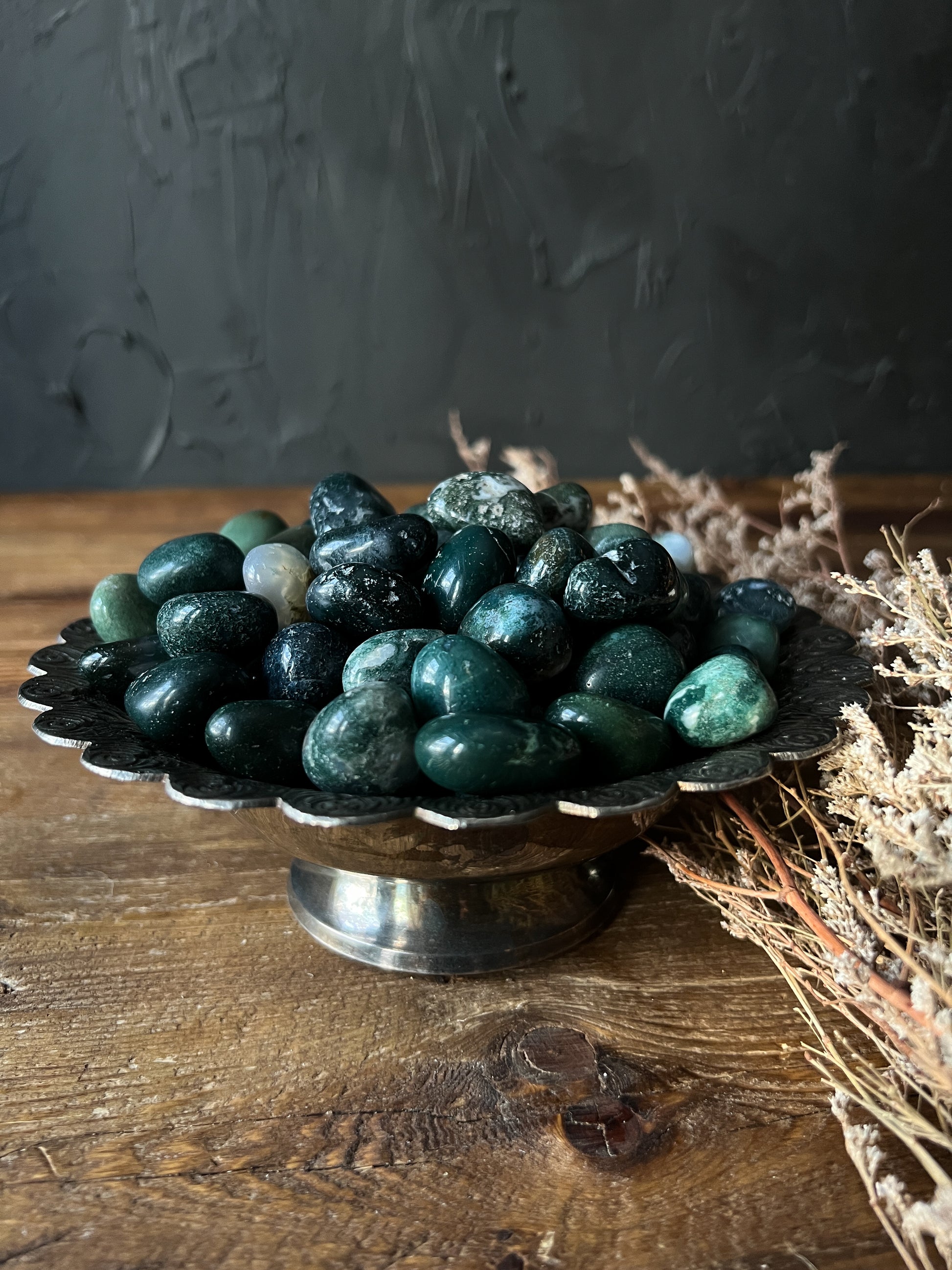 Green Moss Agate Tumbled Stones at The Stone Maidens