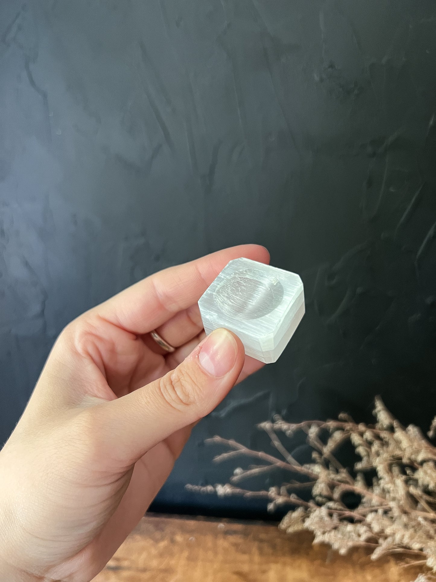 Selenite Sphere Cube Stand