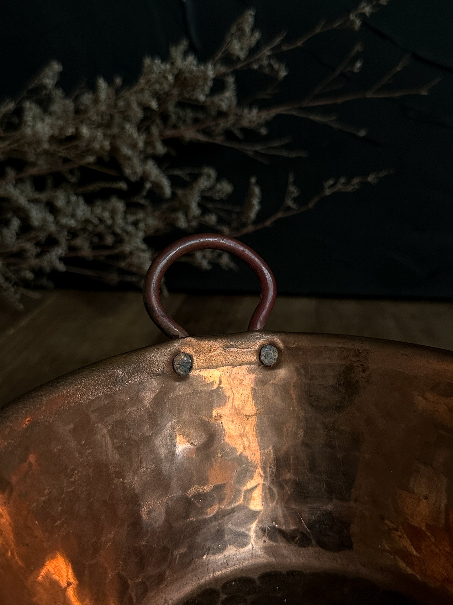 Hammered Copper Bowl with Riveted Copper Handles