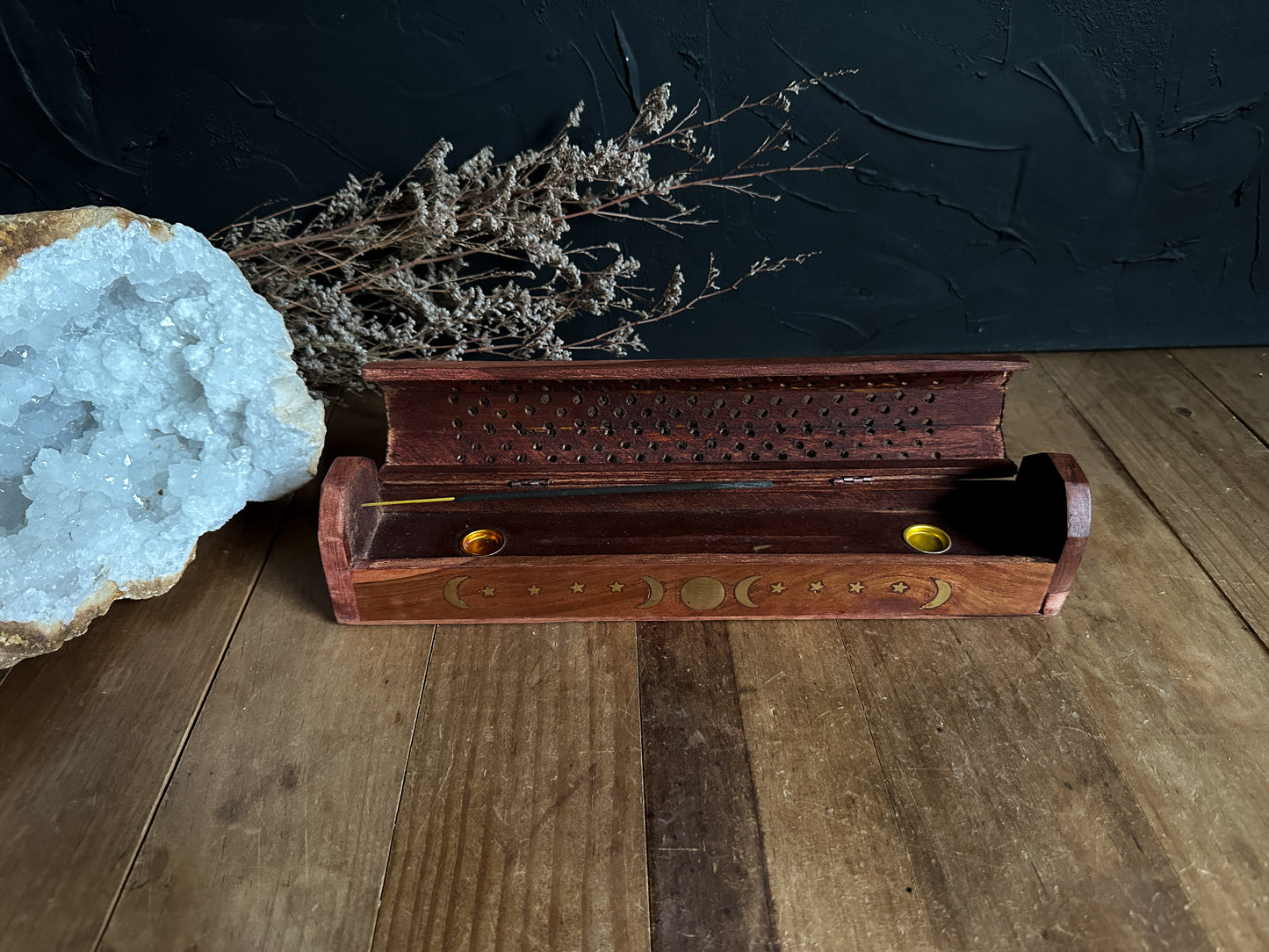 Wood Incense Burner with Brass Inlay