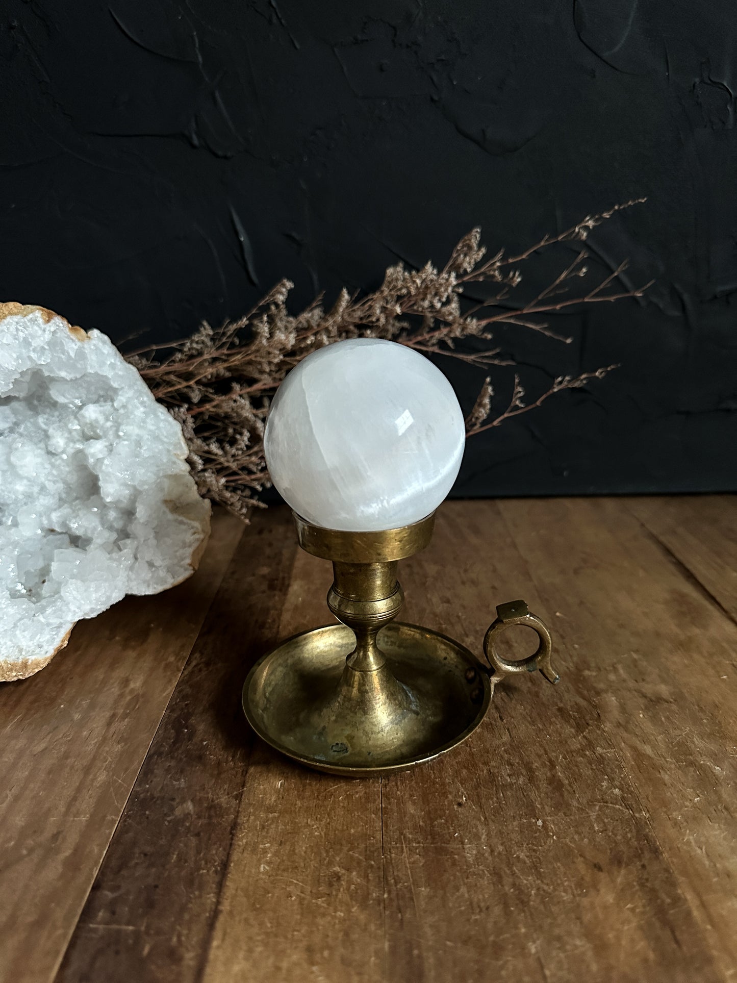 Vintage Brass Candle Holder with Selenite Sphere
