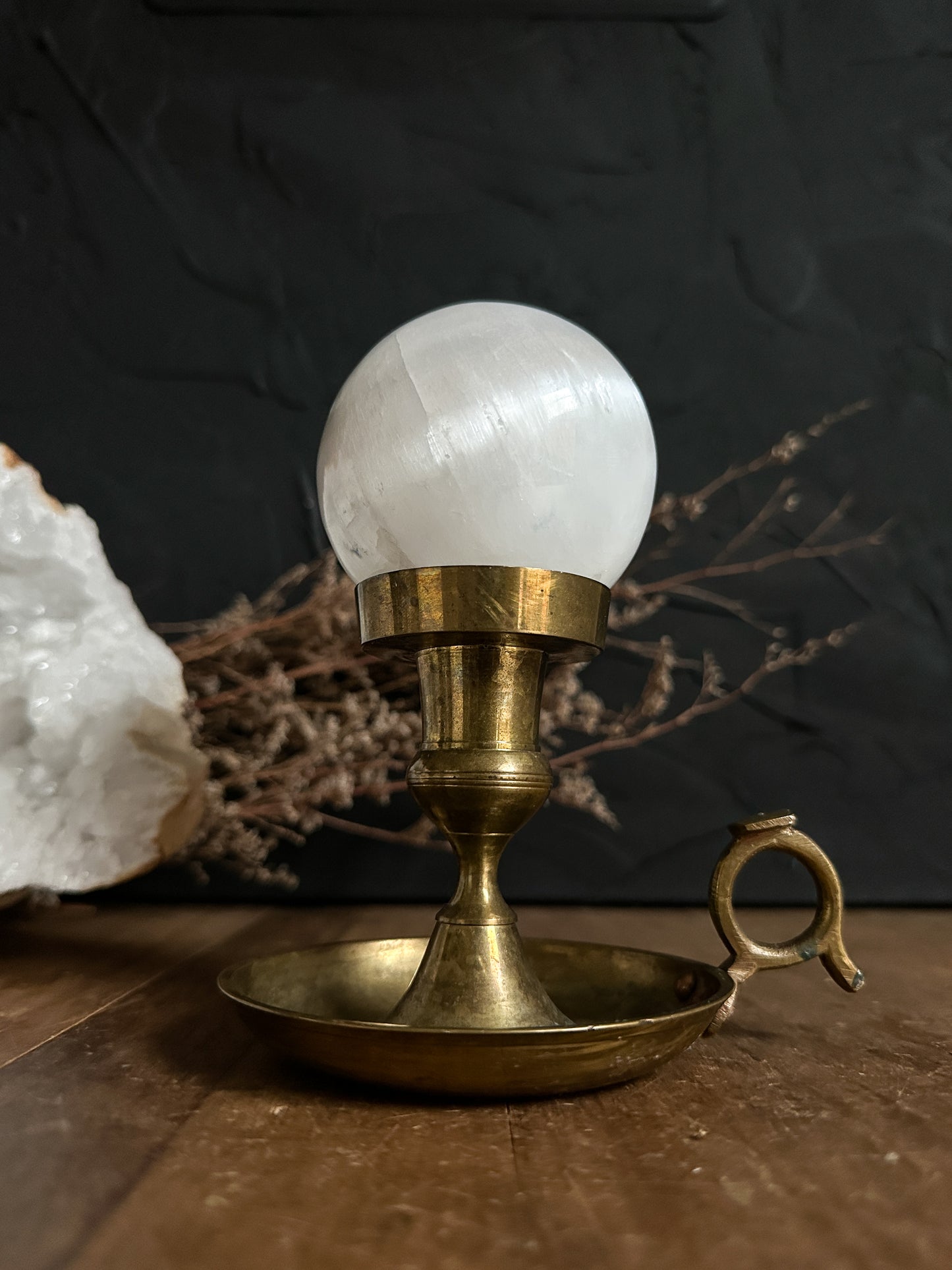 Vintage Brass Candle Holder with Selenite Sphere