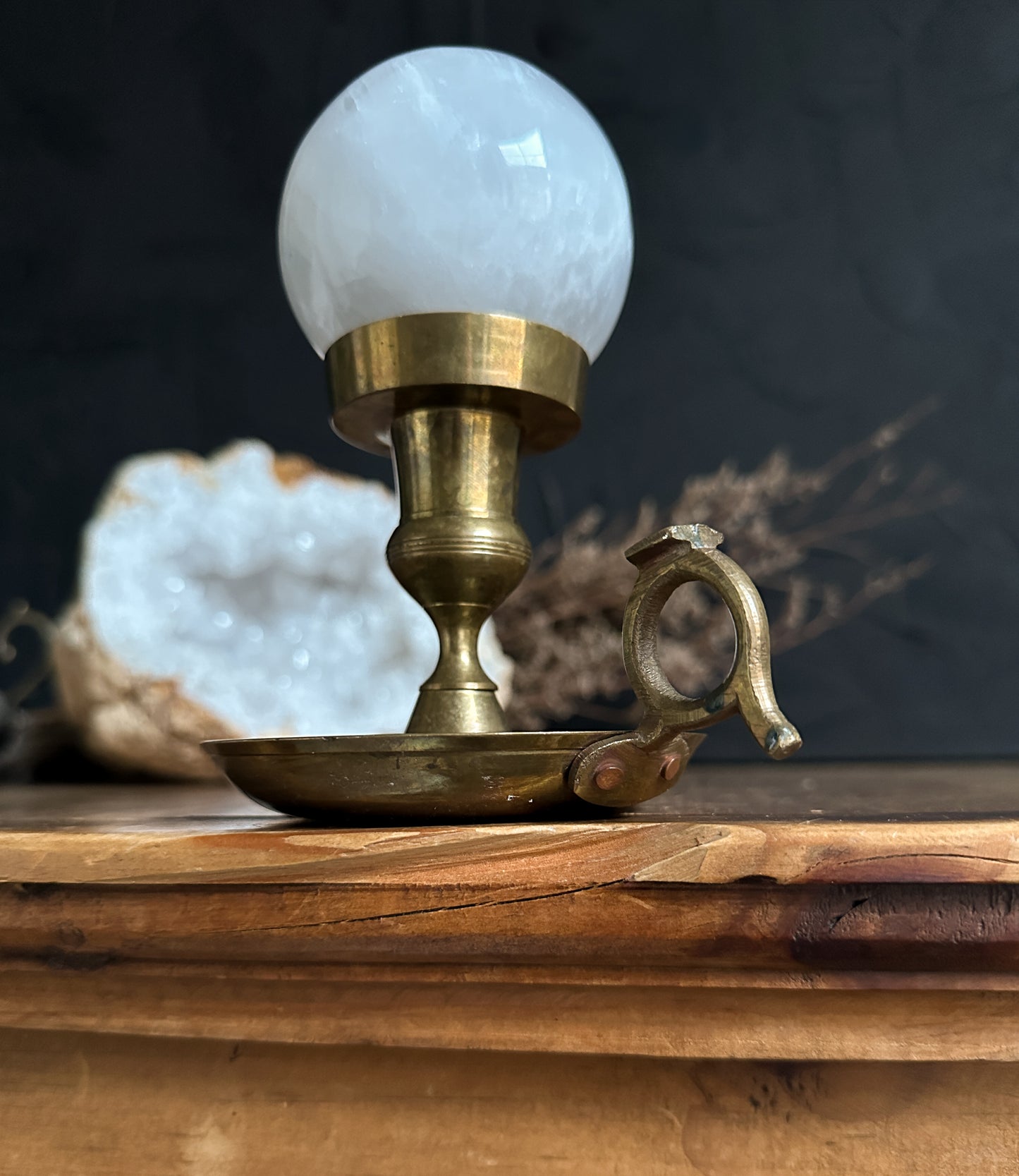Vintage Brass Candle Holder with Selenite Sphere