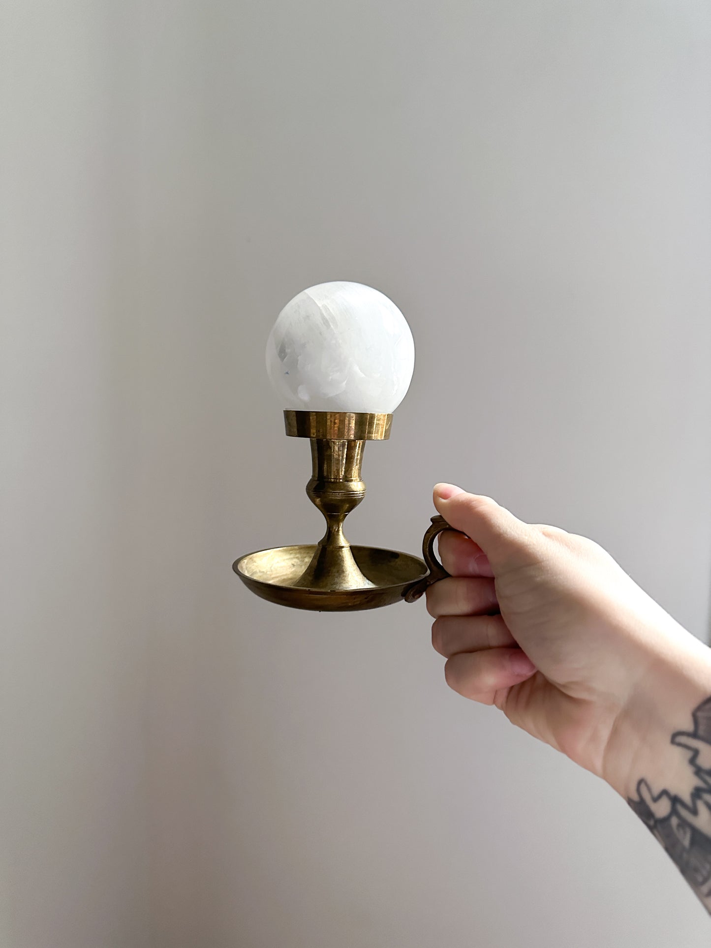 Vintage Brass Candle Holder with Selenite Sphere