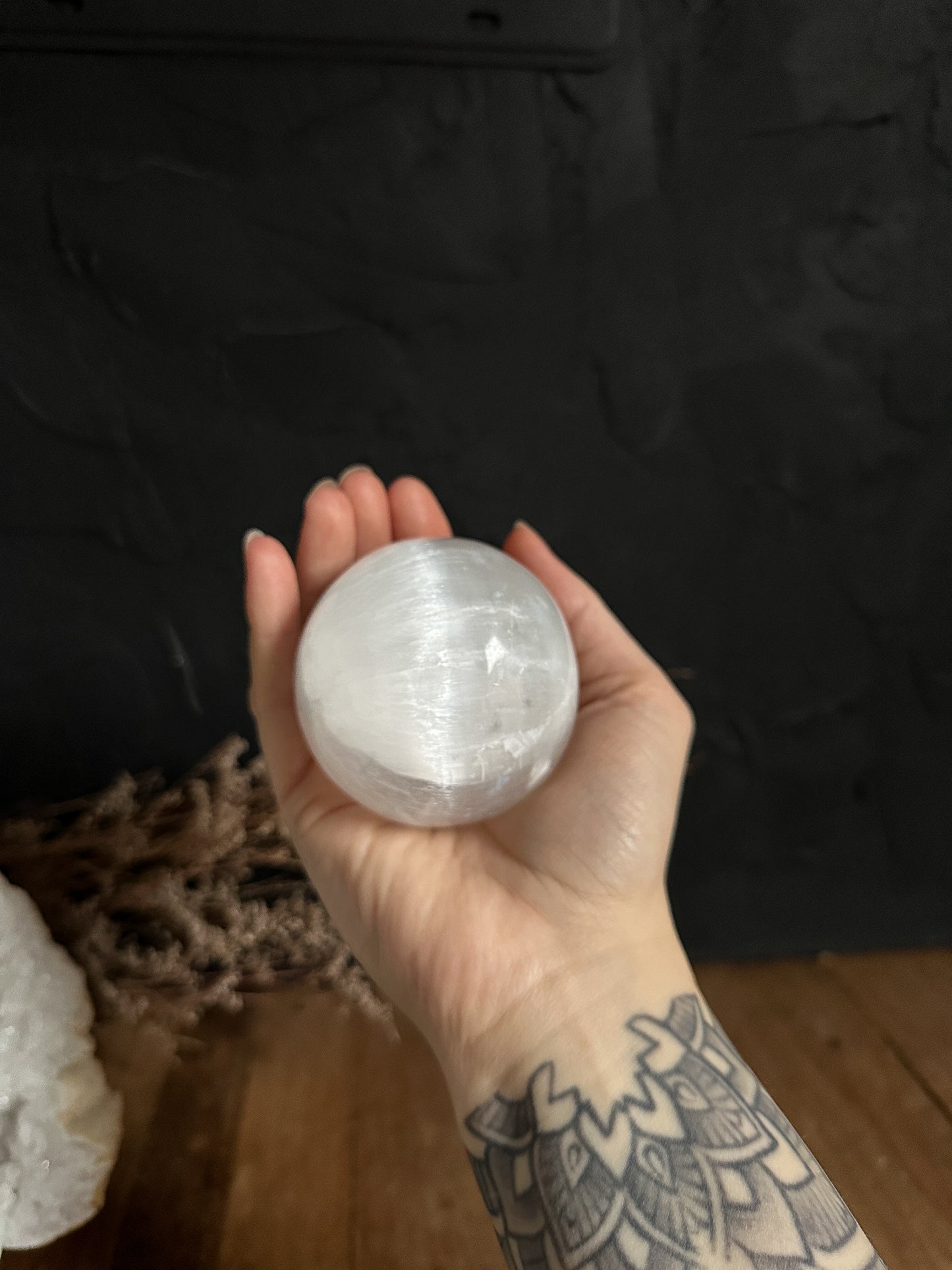 Vintage Brass Candle Holder with Selenite Sphere