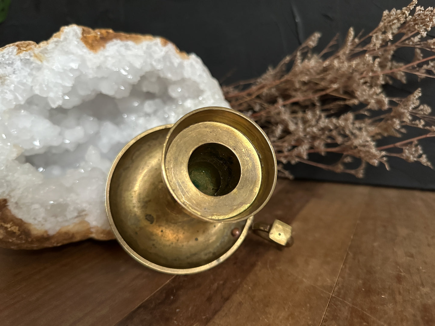Vintage Brass Candle Holder with Selenite Sphere
