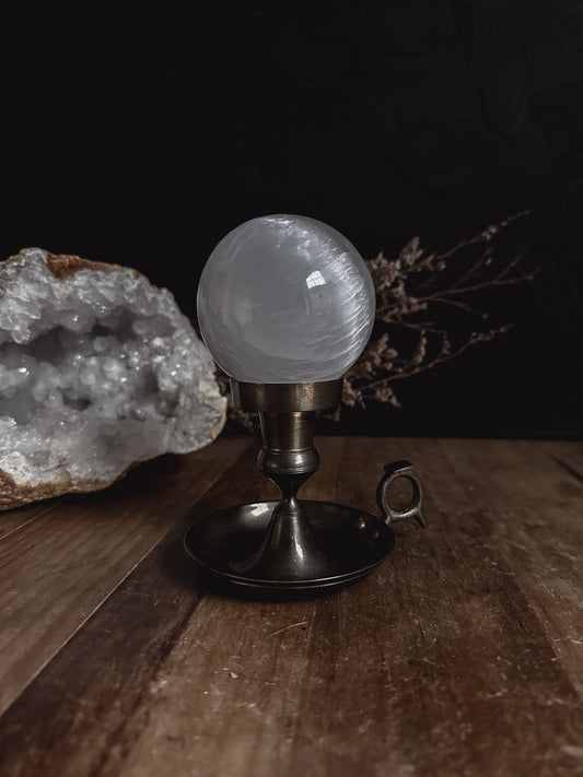 Vintage Brass Candle Holder with Selenite Sphere at The Stone Maidens 