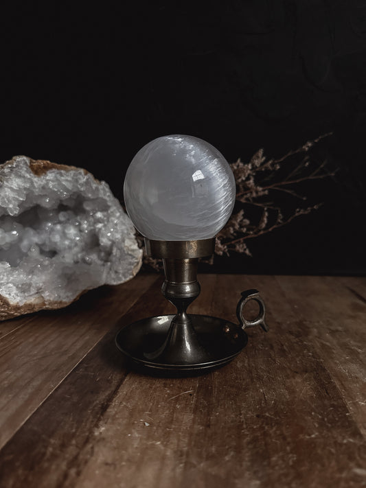 Vintage Brass Candle Holder with Selenite Sphere at The Stone Maidens