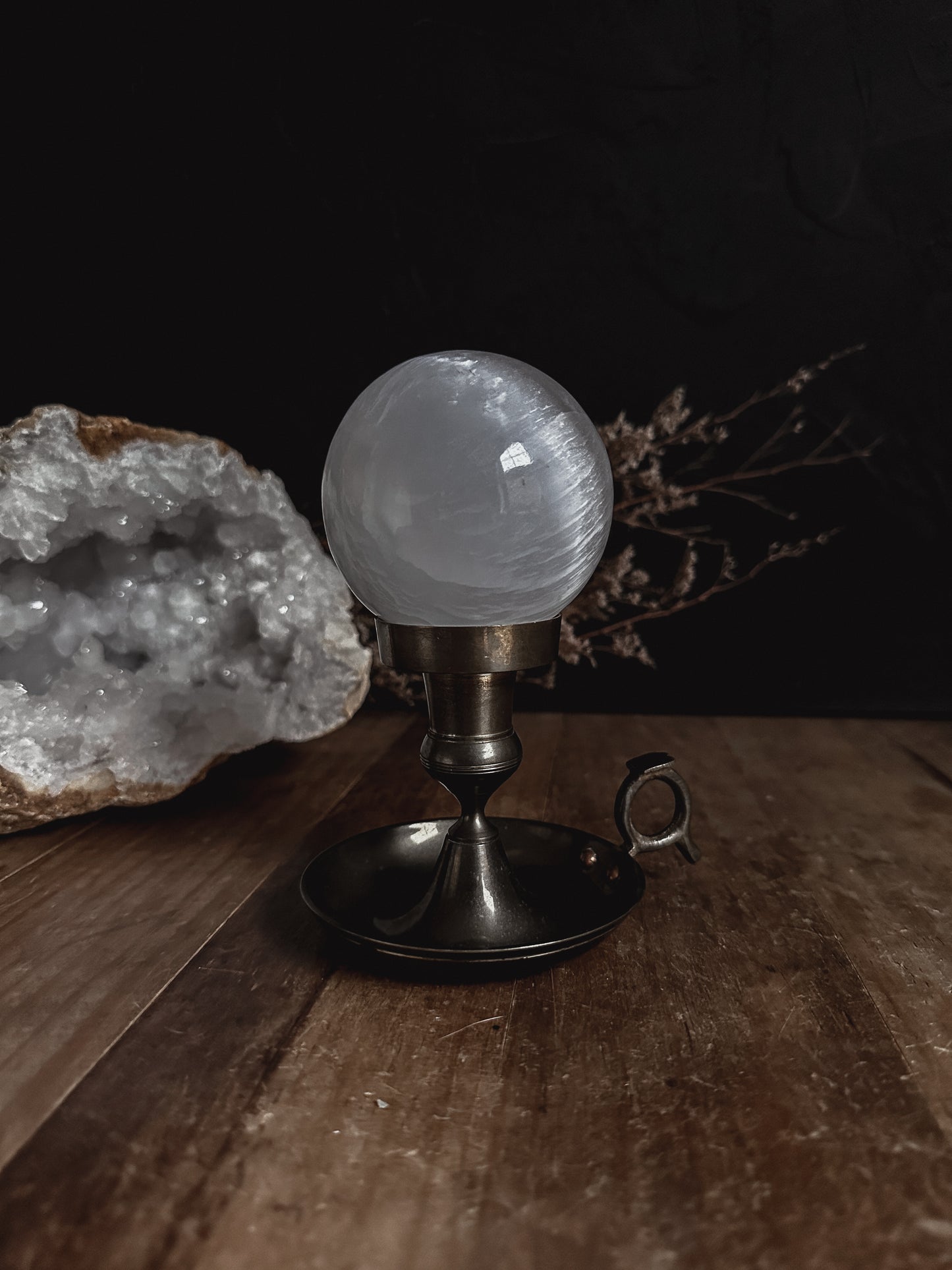 Vintage Brass Candle Holder with Selenite Sphere at The Stone Maidens 