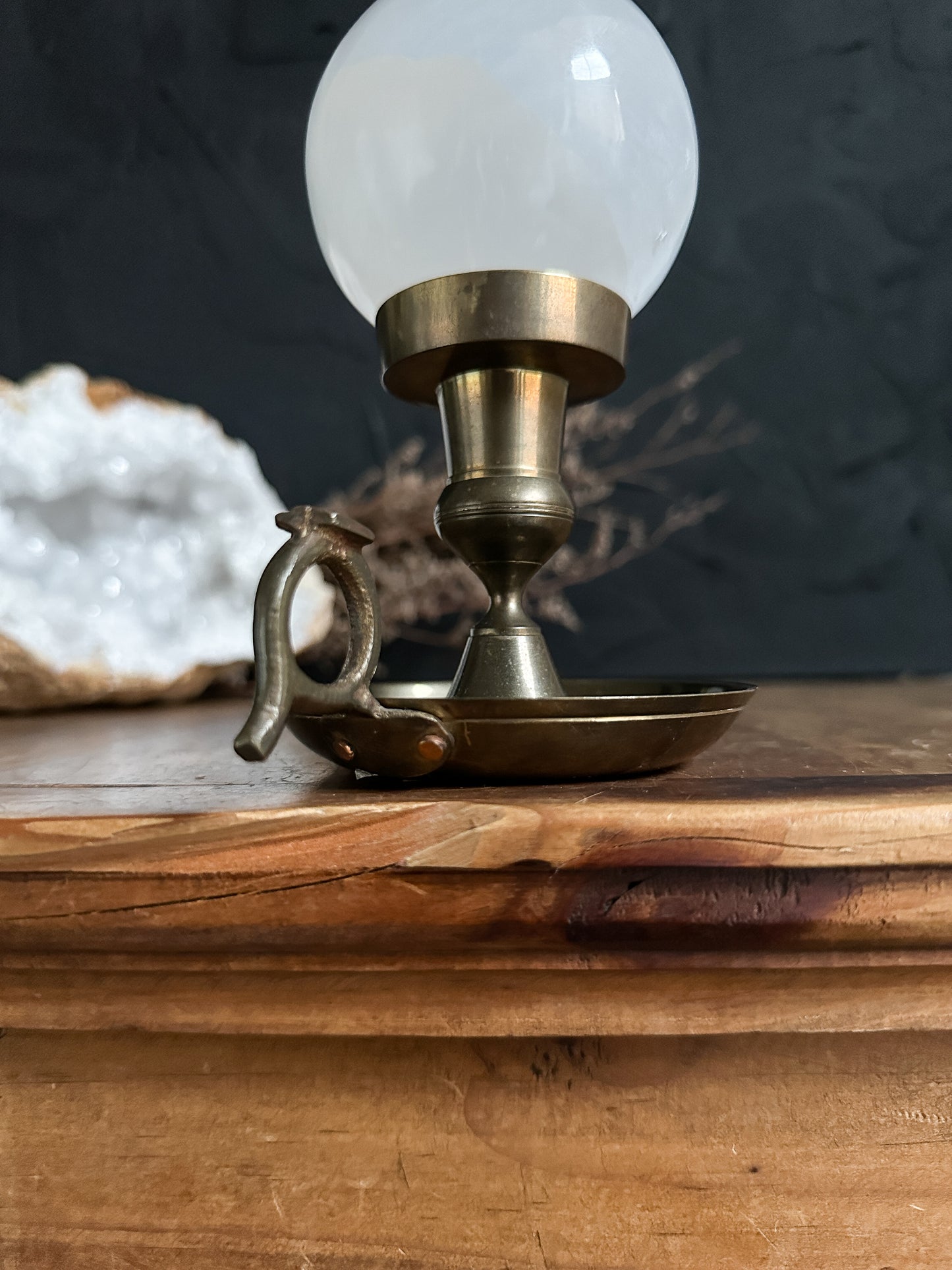Vintage Brass Candle Holder with Selenite Sphere