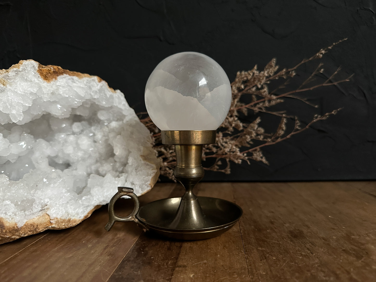 Vintage Brass Candle Holder with Selenite Sphere