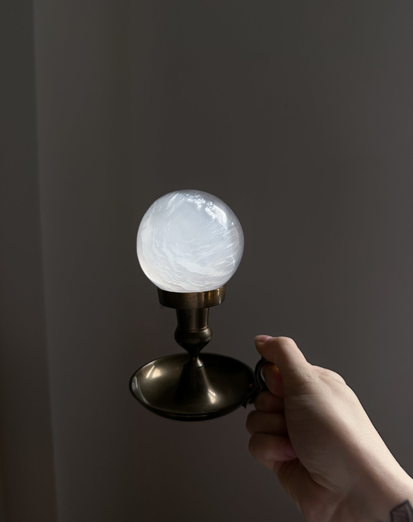 Vintage Brass Candle Holder with Selenite Sphere