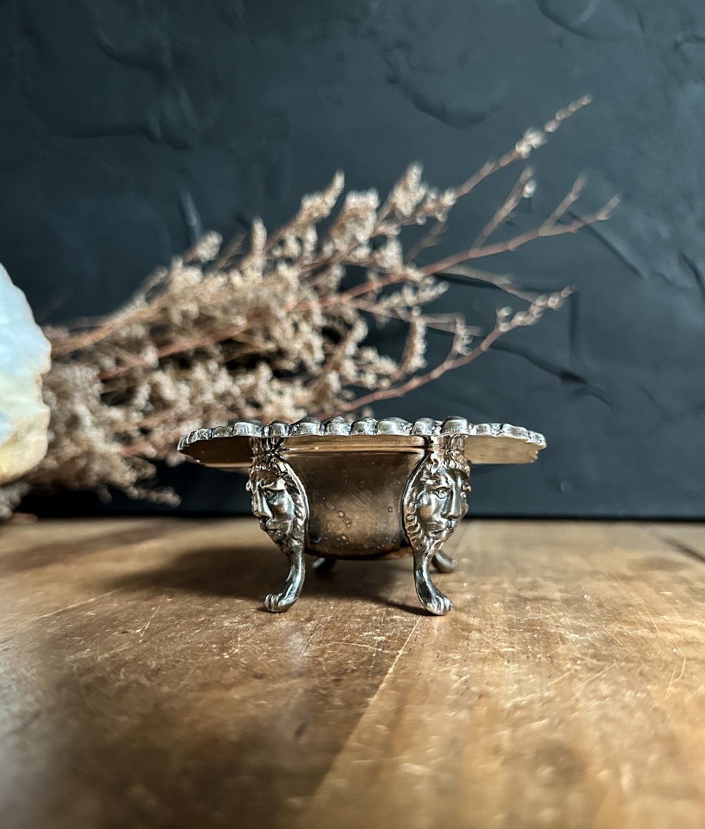 Vintage Silver Footed Trinket Dish with Lion Heads