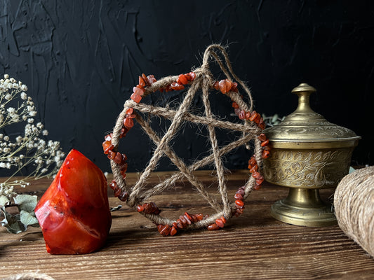 Carnelian Crystal Pentacle, handcrafted by The Stone Maidens. A wonderful addition to your altar or sacred space. 