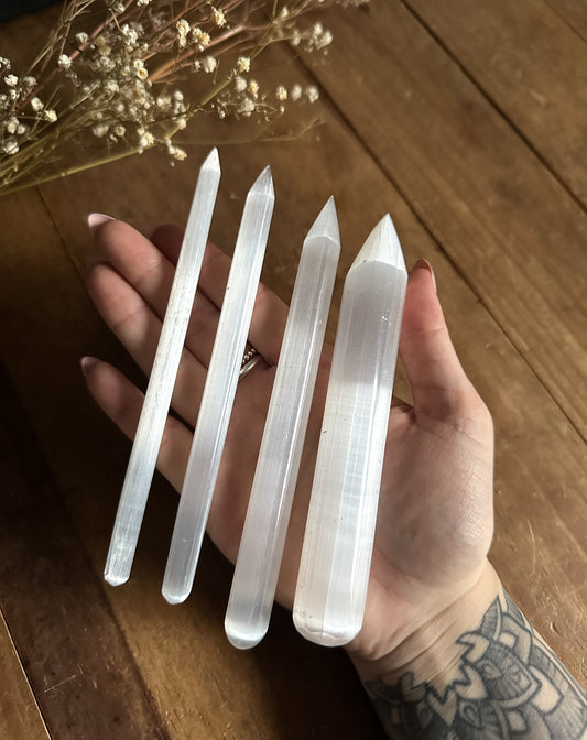 These Selenite Wands are wonderful tools for writing sigils under your welcome mats or used as a massage tool for reiki healing, they are very versatile.