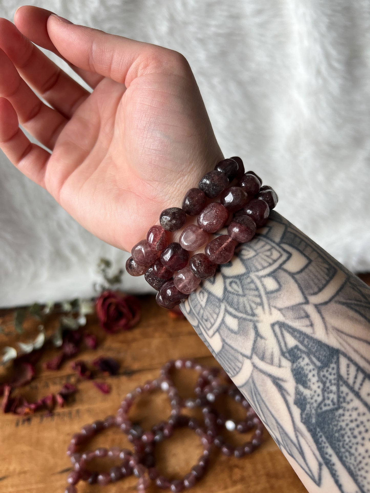 These beautiful bracelets are made up of genuine polished 8mm to 10mm Strawberry Quartz Crystals.