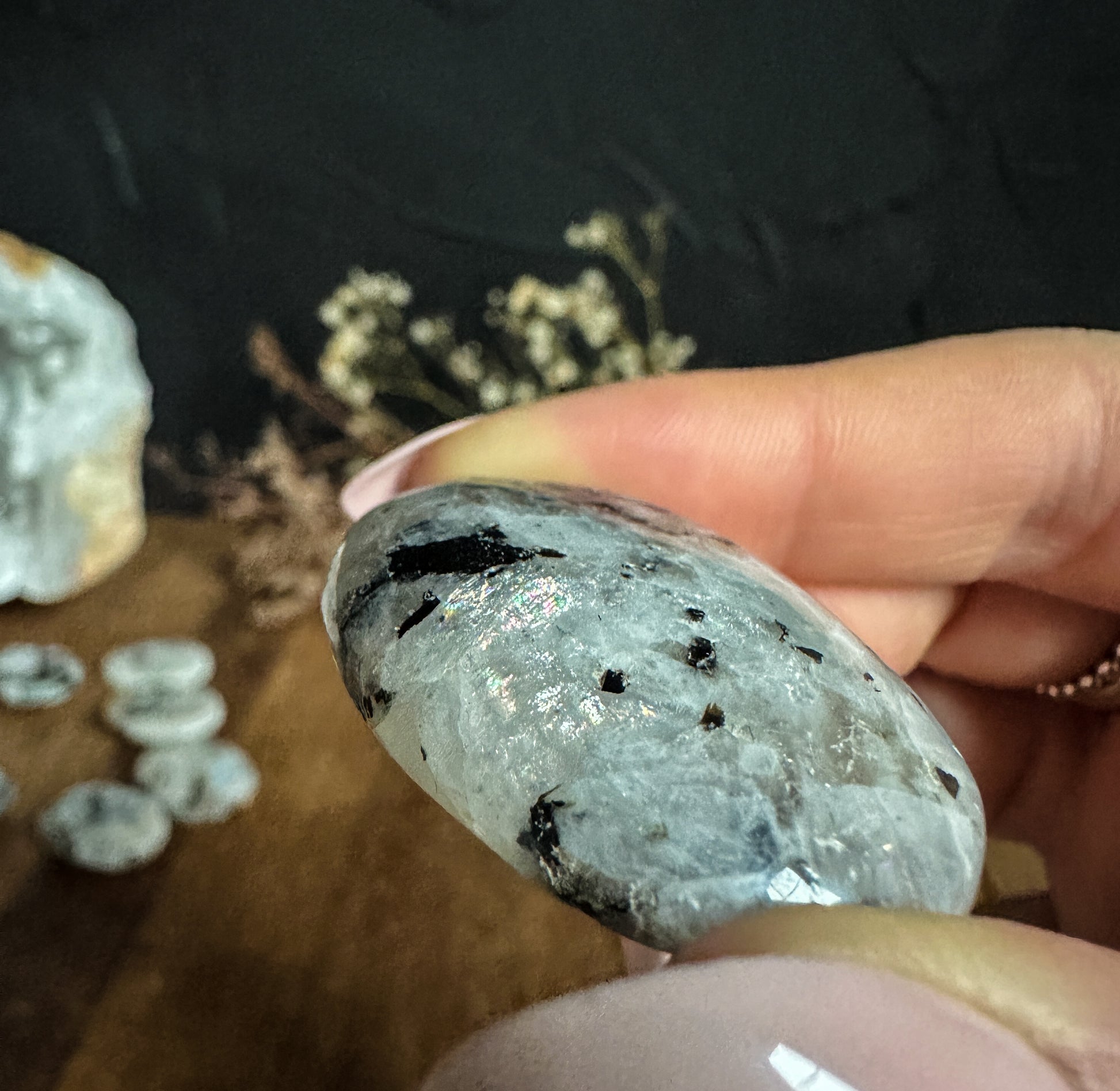Rainbow Moonstone Worry Stones with rainbows and inclusions