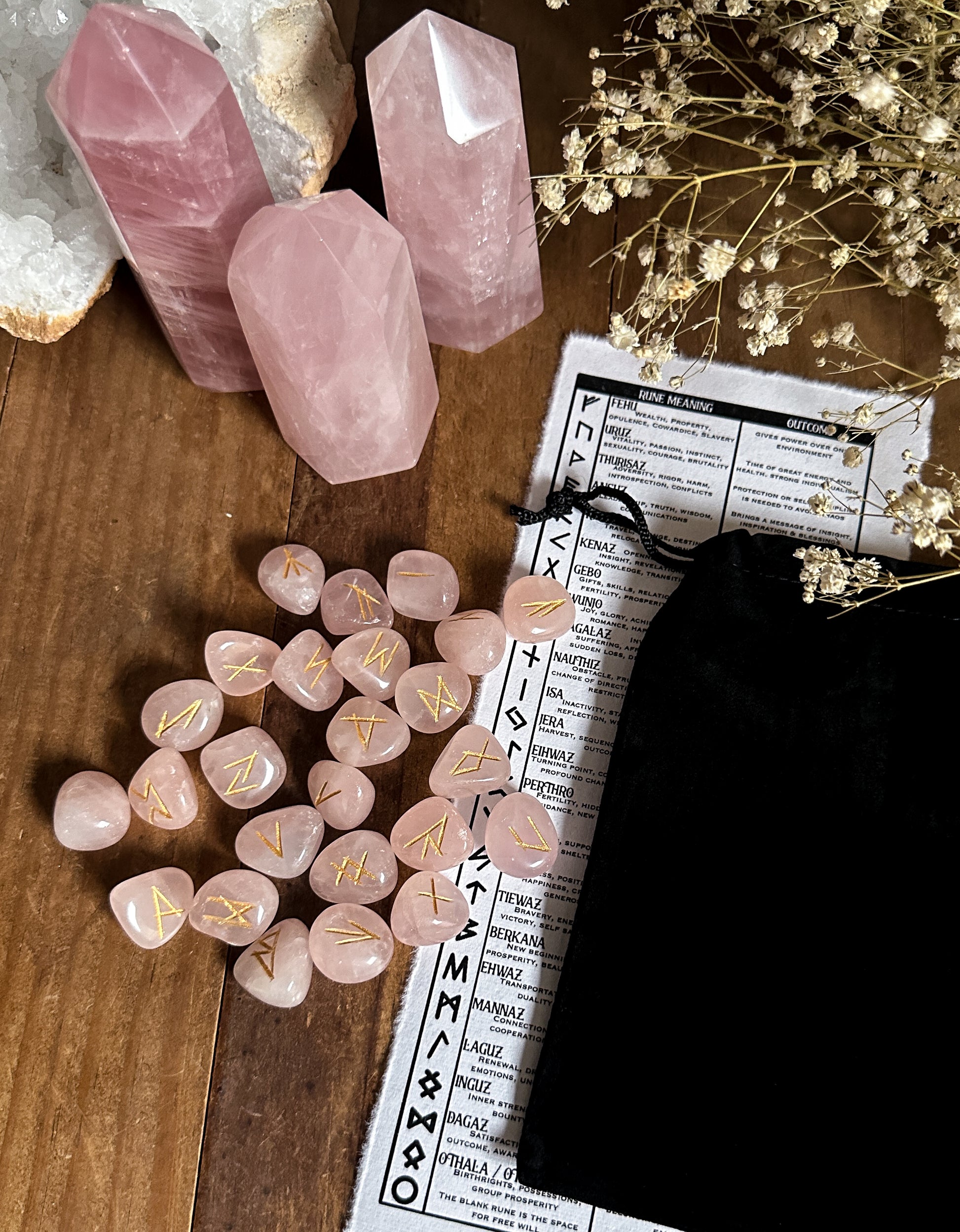 High-quality image showcasing a Rose Quartz Rune Set, each stone delicately carved with runic symbols, perfect for divination and spiritual practice