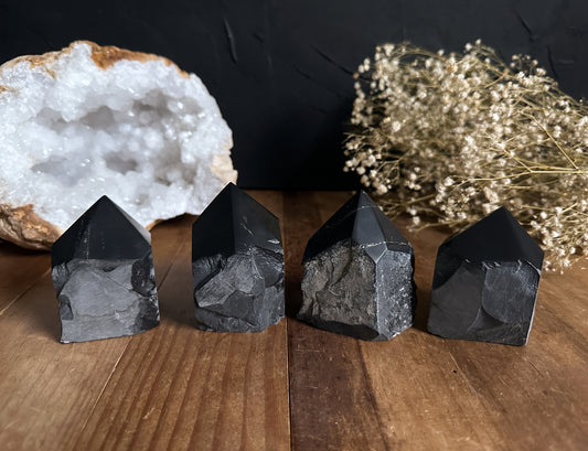 These beautiful Black Onyx Polished Top Points are embellished with shimmering Pyrite throughout. You choose which Black Onyx cut base you'd like to receive.