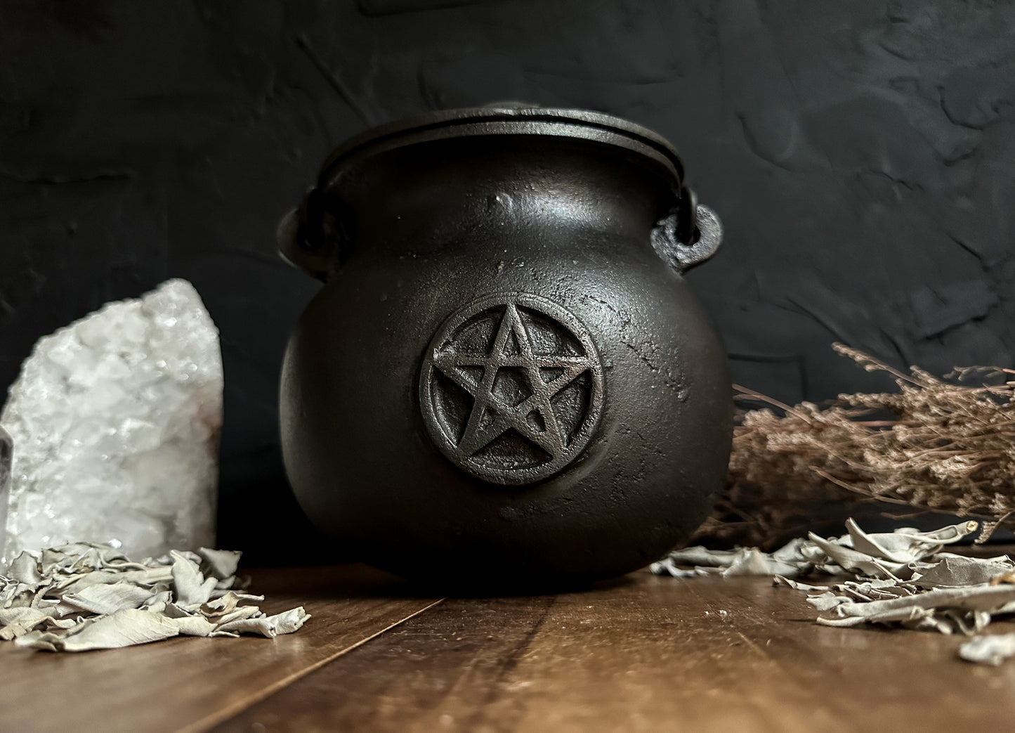  Large Black cast iron cauldron with a pentacle, sold at The Stone Maidens. 