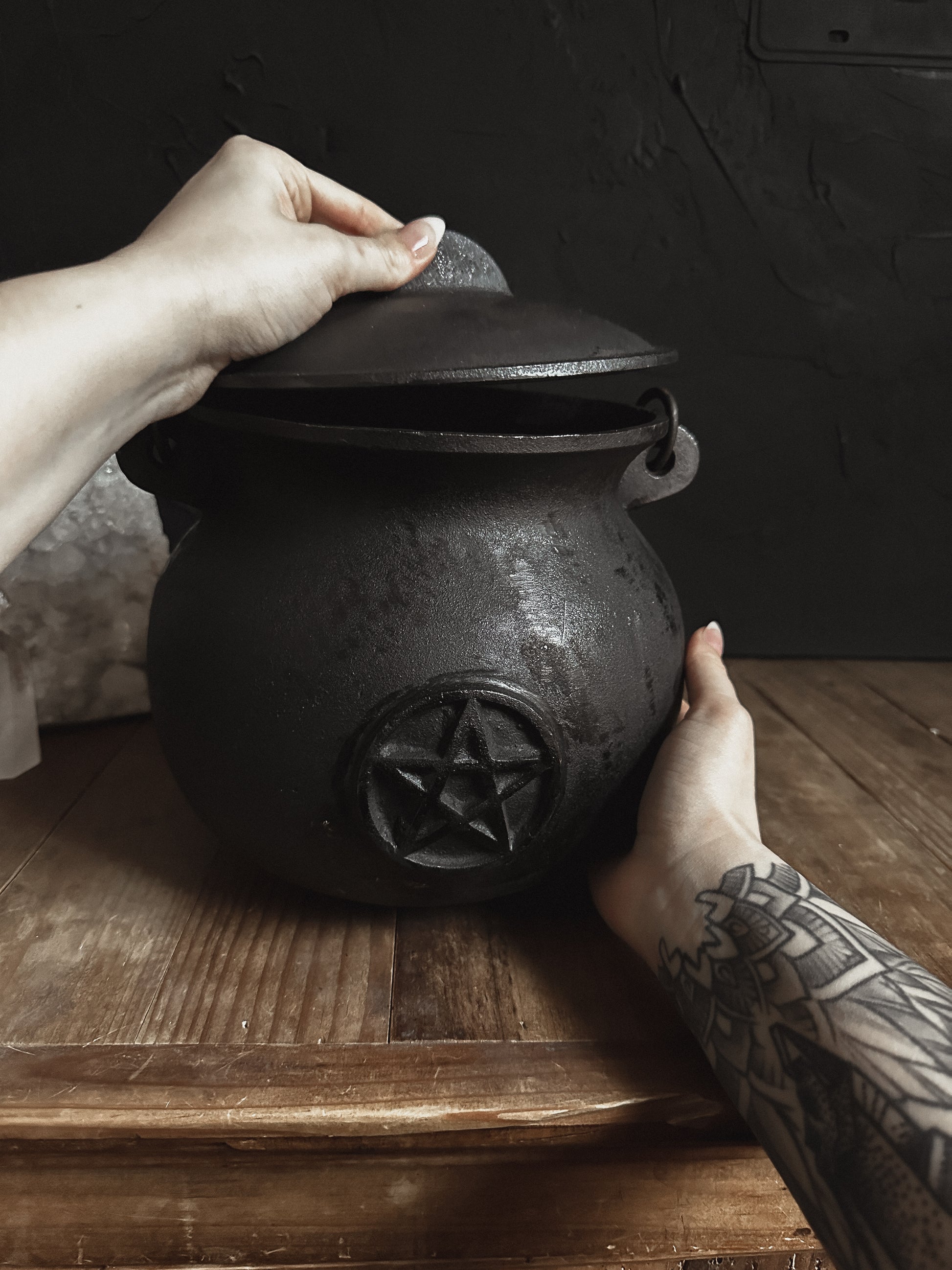 High-quality image showcasing a Extra Large black cast iron cauldron, ideal for brewing potions, burning herbs, and embracing your inner witchy vibes