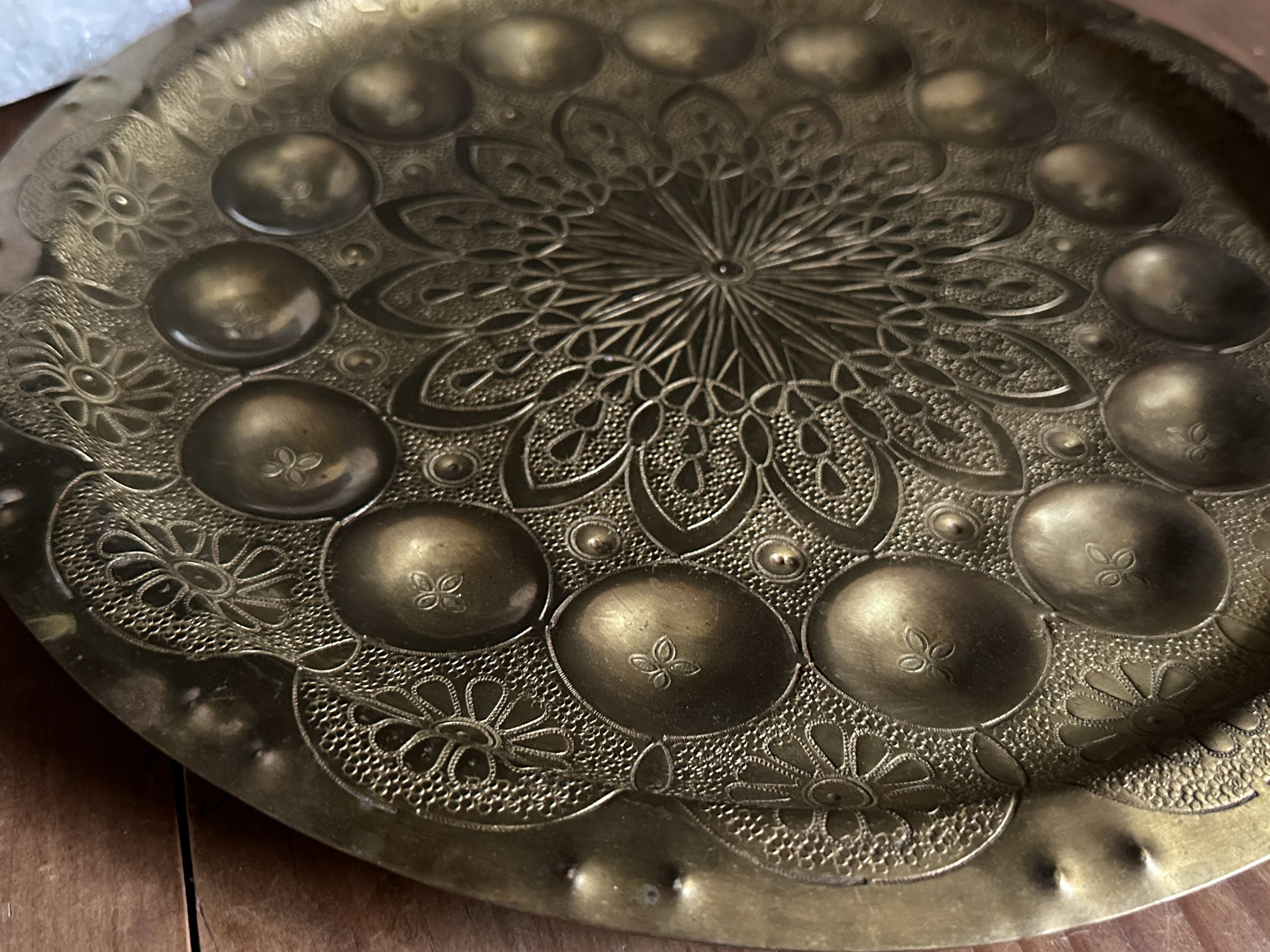 Large Brass Dish with a mandala pattern engraved. Vintage Oddities found at The Stone Maidens.