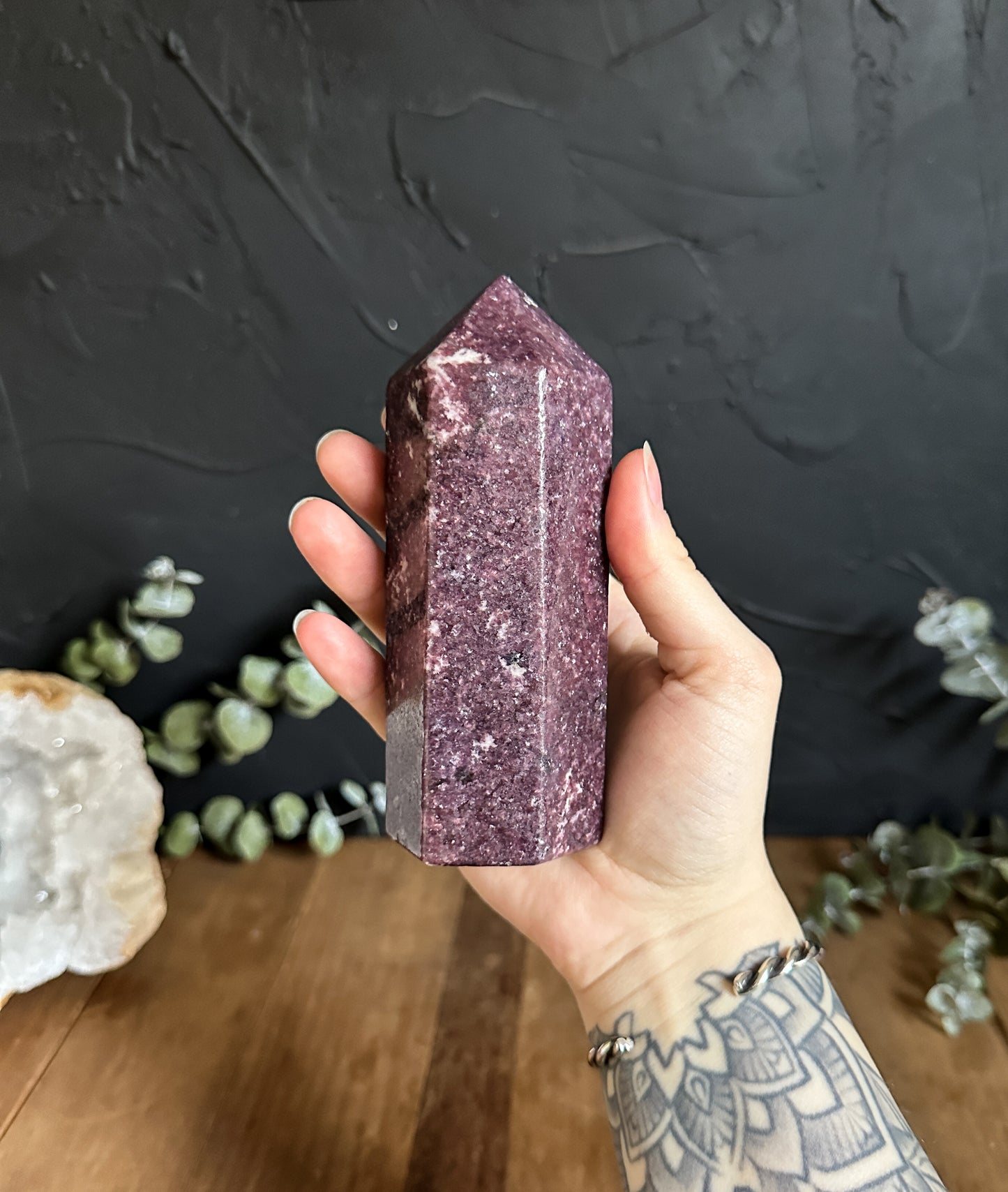 Dark Lepidolite Tower measuring 6 inches tall