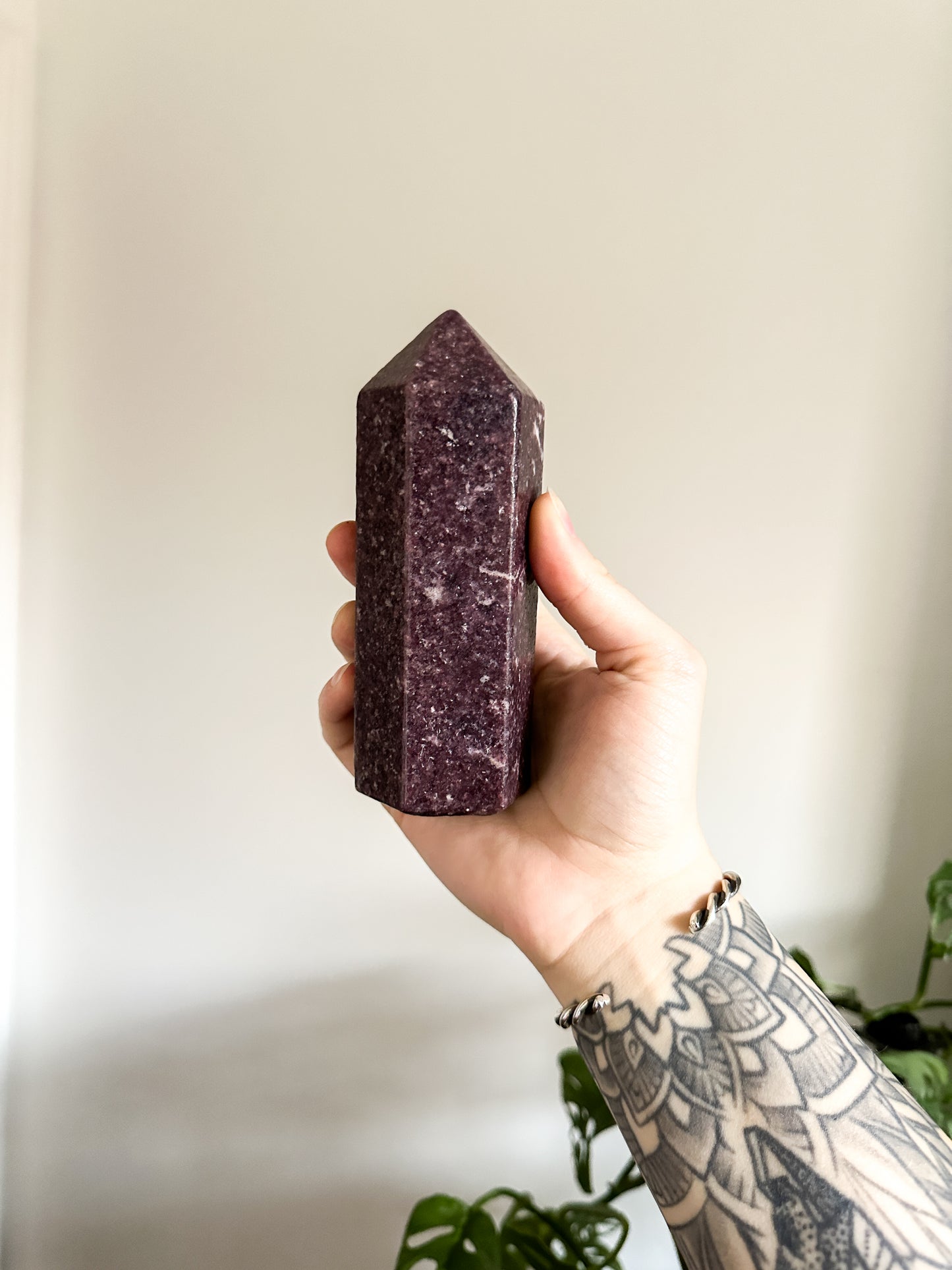 Dark Lepidolite, a calming and soothing crystal, aligns with the third eye and crown chakras.