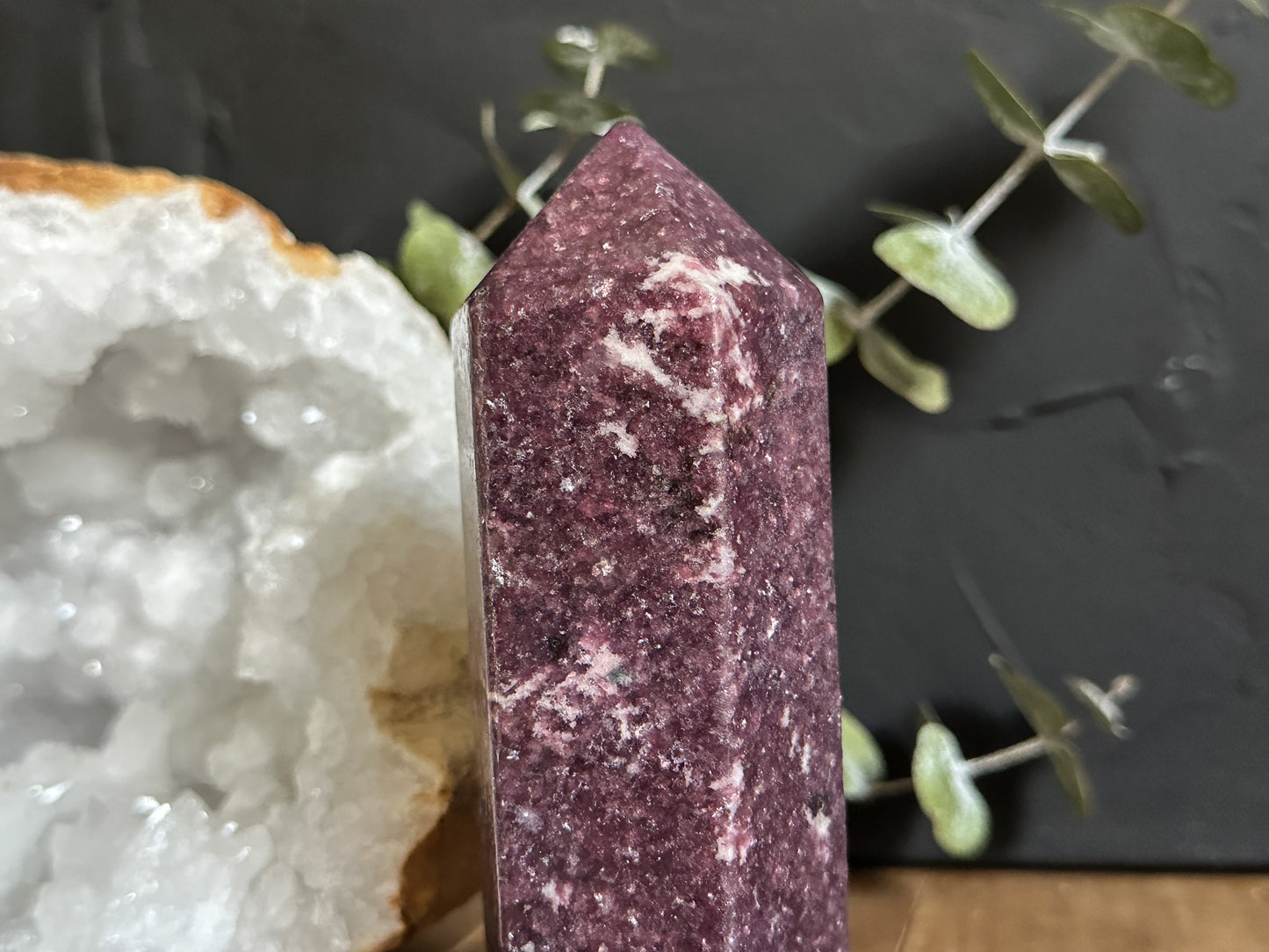 Lepidolite, a calming and soothing crystal, aligns with the third eye and crown chakras.