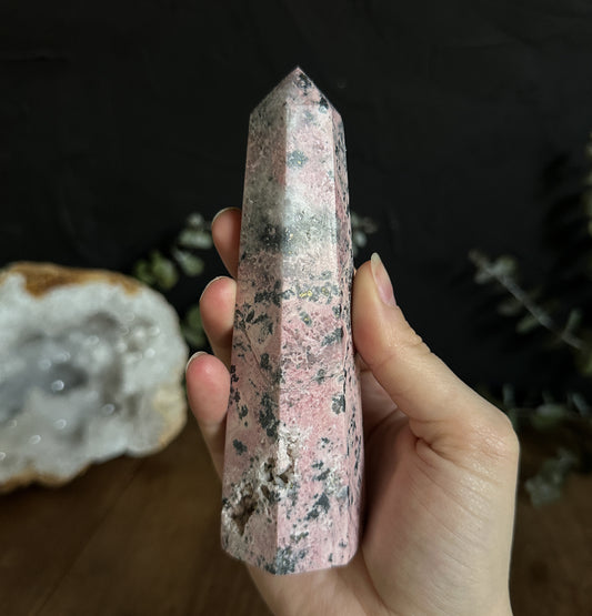 6 sided tapered Rhodonite Tower, perfect for your crystal altar.