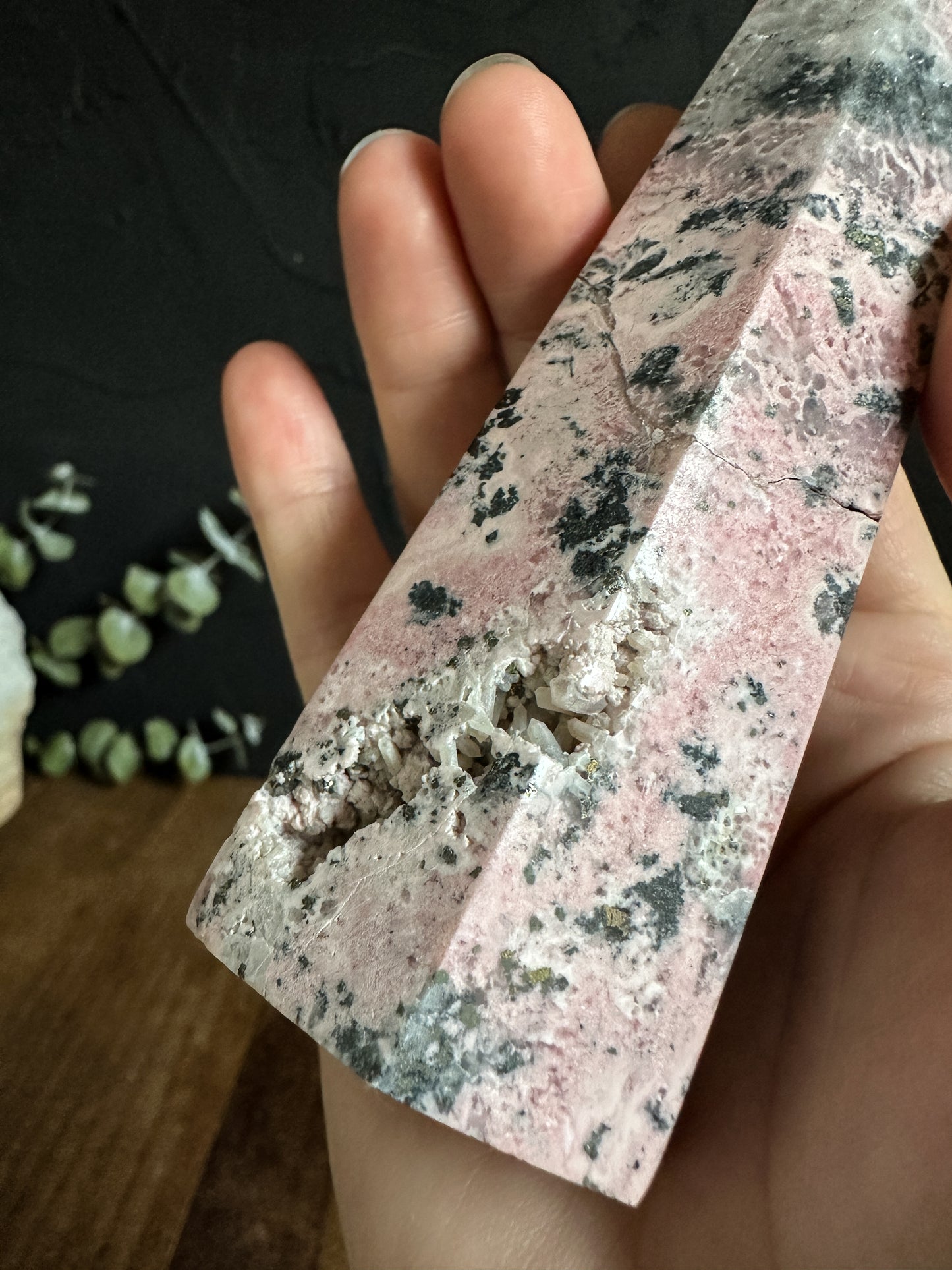 Rhodonite Tower, look at the little cave on the side and little pieces of Pyrite sprinkled throughout the towers faces