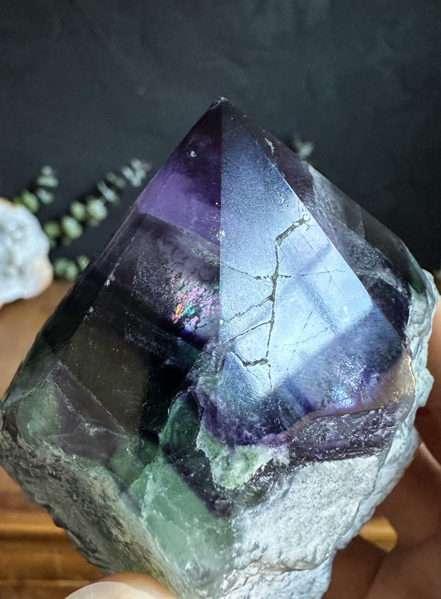 Rainbow Fluorite Top Polished Point, a crystal of clarity and balance, aligns with all chakras.