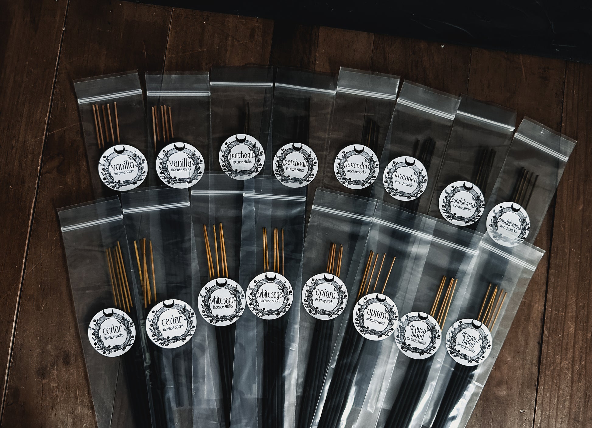 Vanilla Incense sticks. Dragons Blood Incense sticks.  Cedar Incense sticks. Lavender Incense sticks.  Patchouli Incense sticks. opium Incense sticks. white sage Incense sticks. sandalwood Incense sticks.