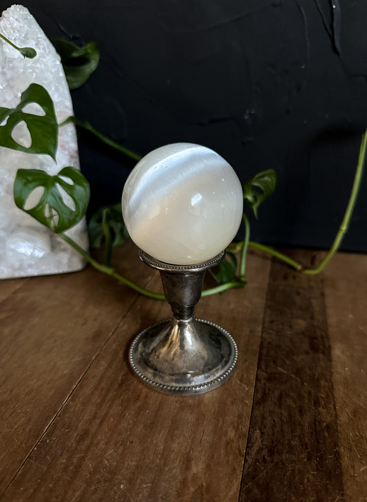 This cute vintage silver plated candle holder is the perfect Crystal Ball stand! Selenite Sphere included in this Witchy Decor Gift! 