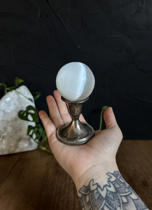 This listing is for One Selenite Sphere with Vintage SilverStand.
