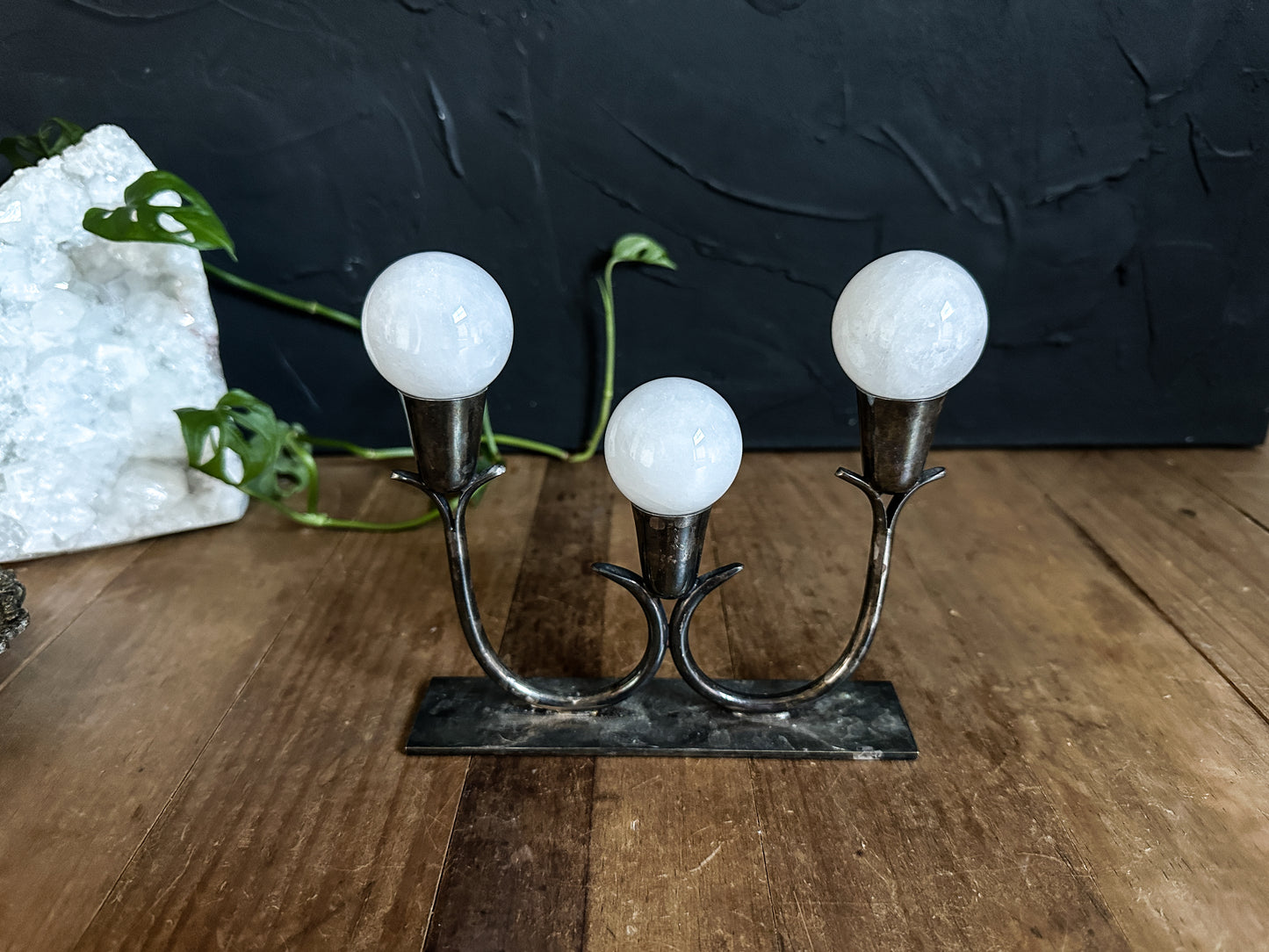 Vintage Candle Holder with Milky Quartz Spheres