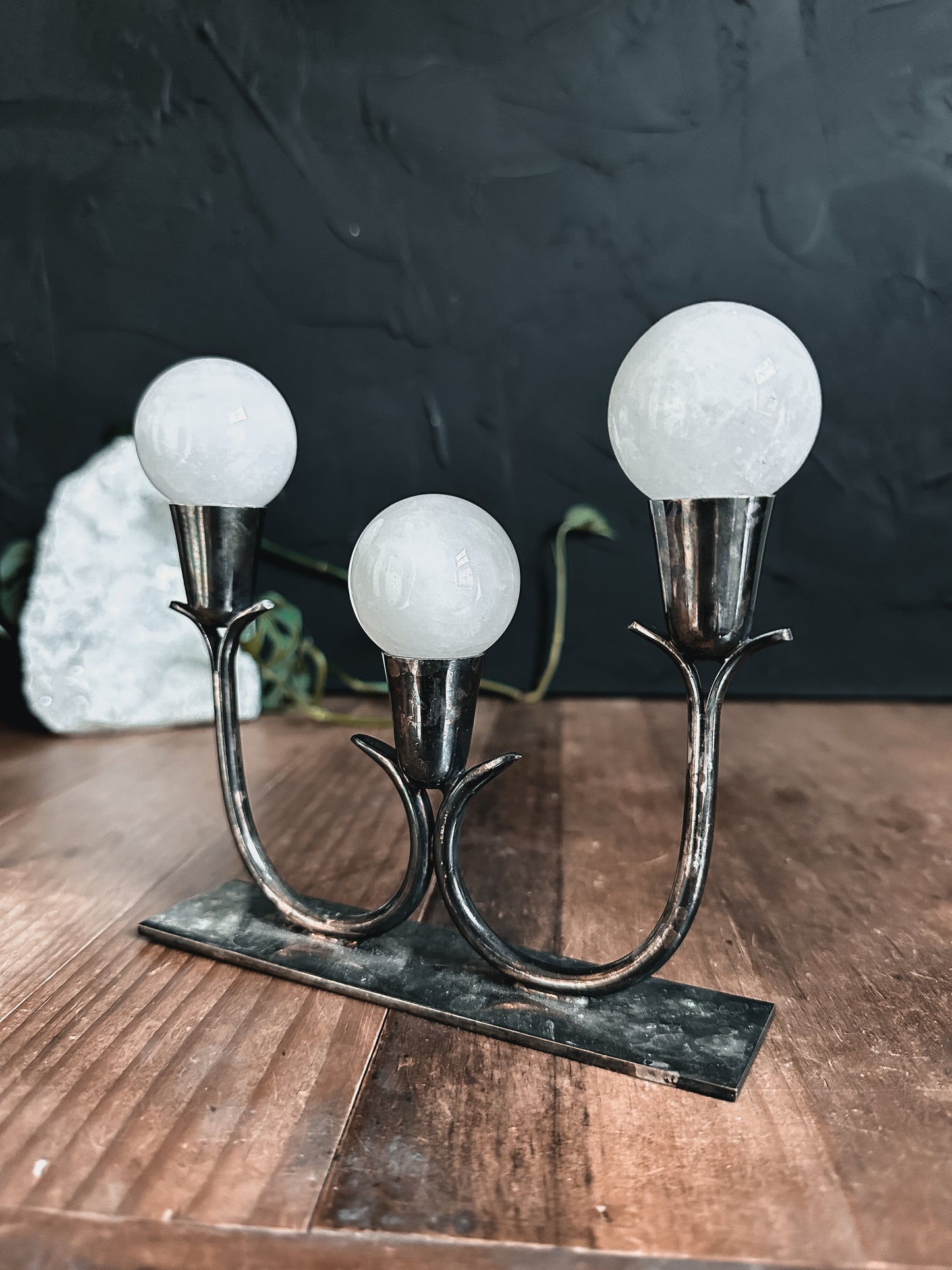 Vintage Candle Holder with Milky Quartz Spheres