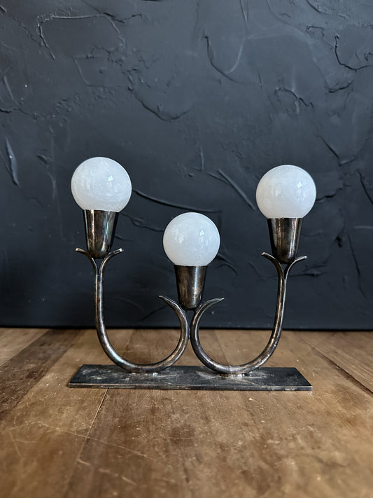 Vintage Candle Holder with Milky Quartz Spheres