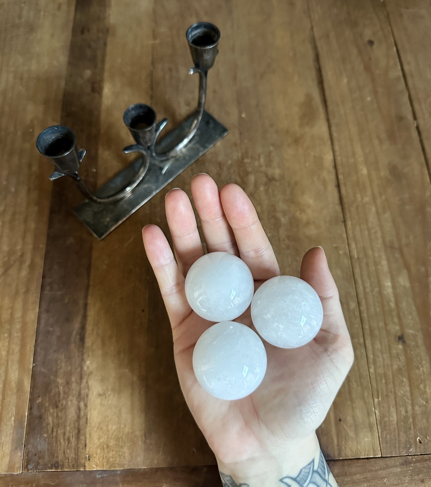 Vintage Candle Holder with Milky Quartz Spheres