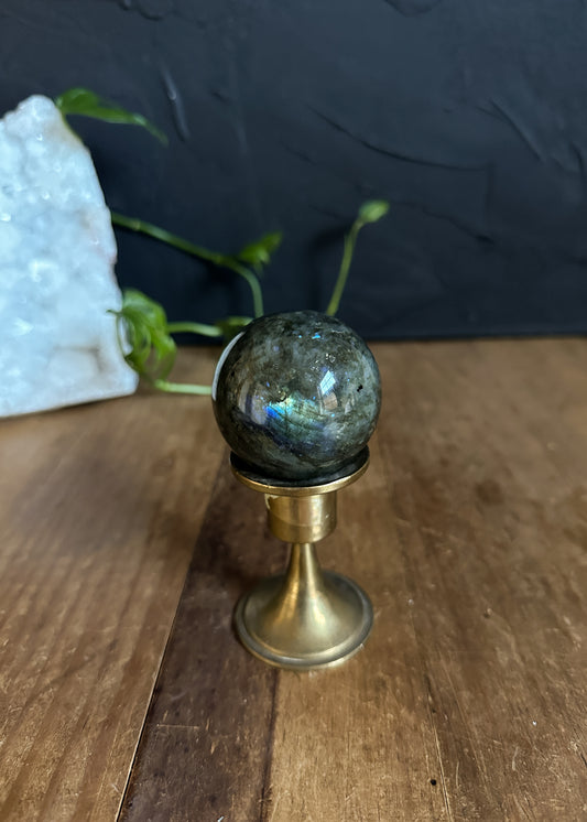 This brass candle holder  will come with the Labradorite sphere pictured.