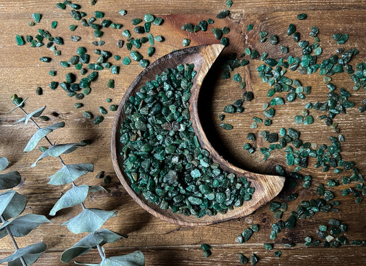 These Emerald Crystal Chips are exquisite pieces. Tiny Stones are great for candle making, crafts, resin jewelry, or to place in jars upon your altar.