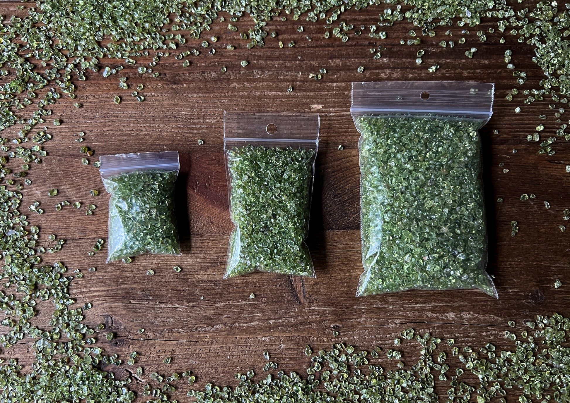 Peridot Crystal Chips sold by the gram at The Stone Maidens