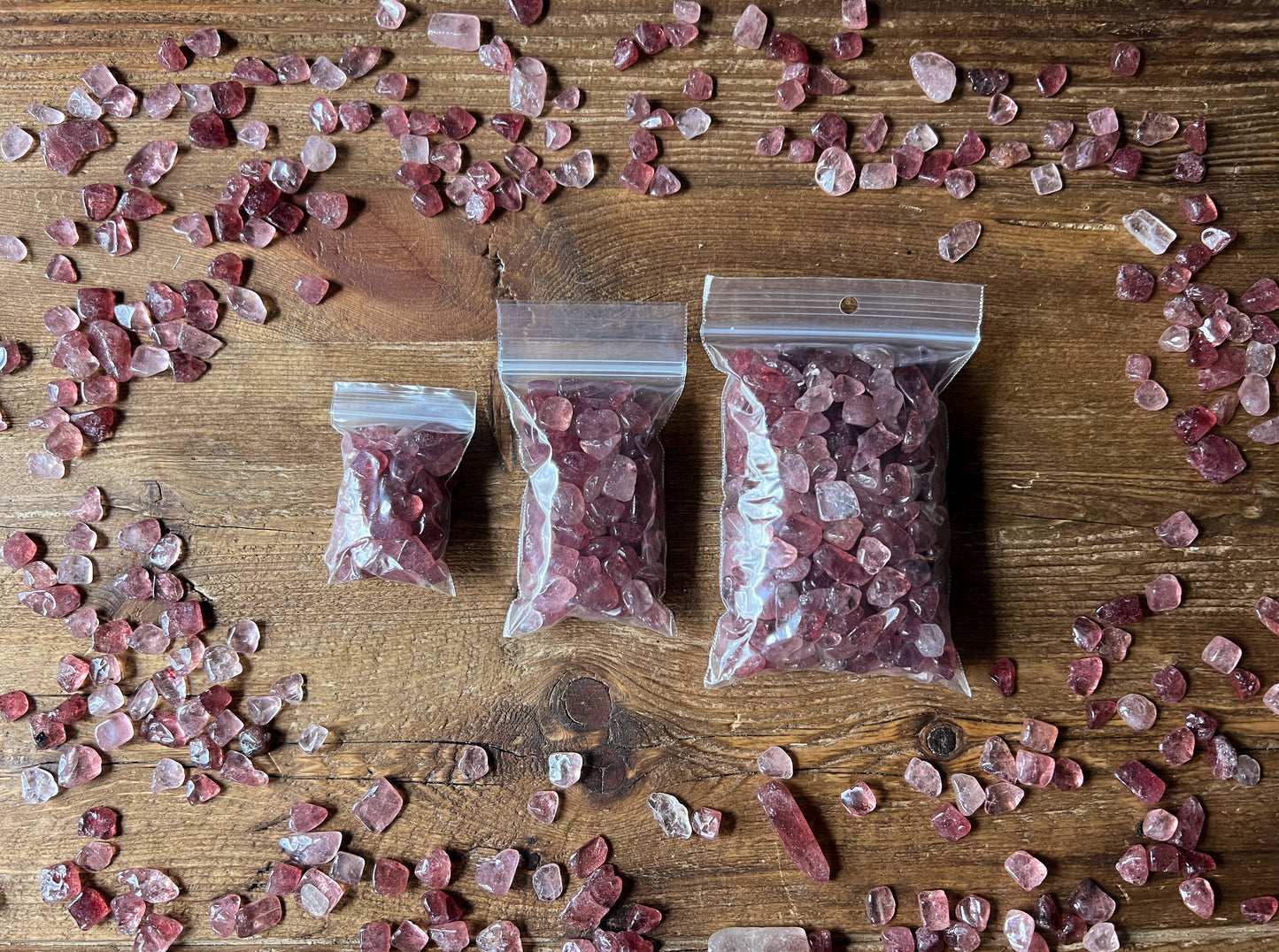 Strawberry Quartz Chips sold by the gram. 