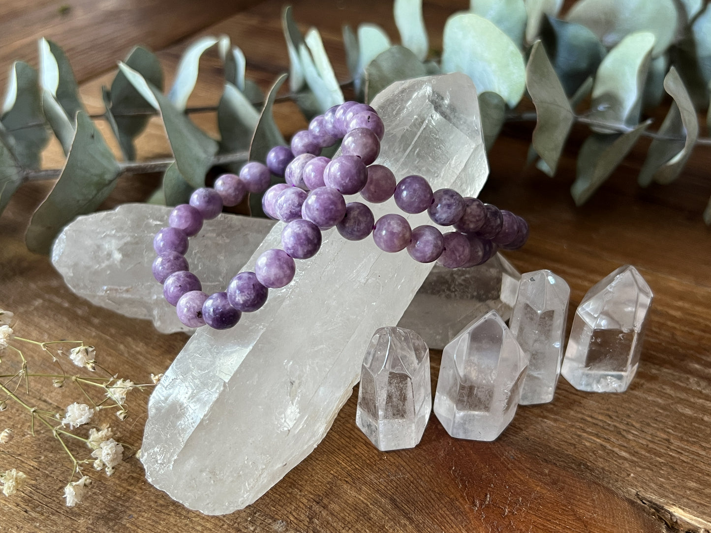 8mm Lepidolite Bracelets with clear Quartz points and towers.