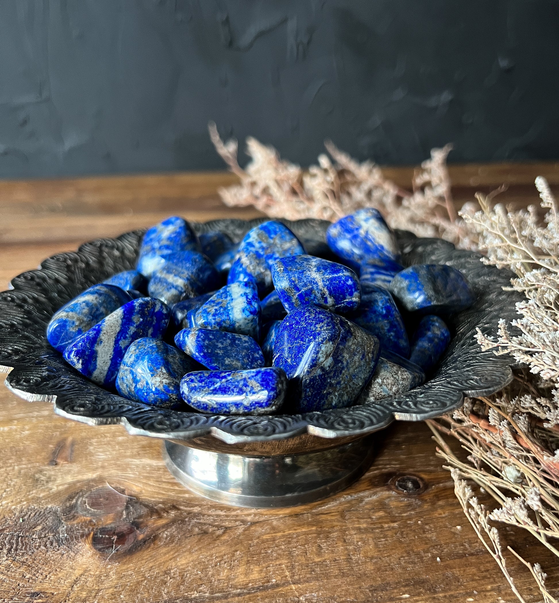 The Stone Maidens Lapis Lazuli Tumbled Stones in an antique dish