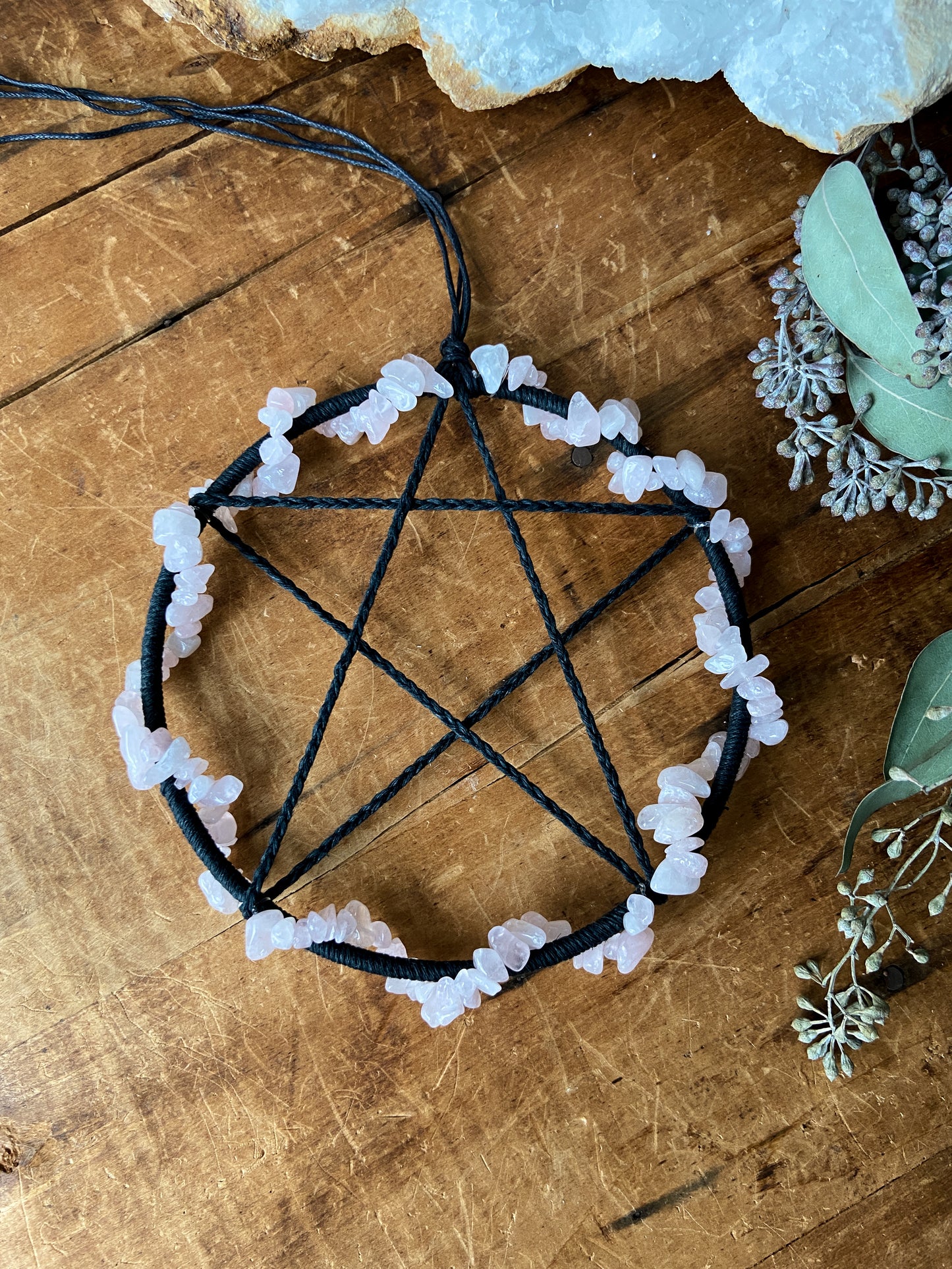 Black Pentacle with Rose Quartz Crystals