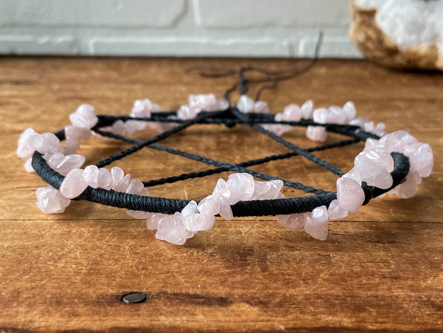 Black Pentacle with Rose Quartz Crystals