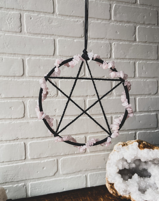 handcrafted Black Pentacle with Rose Quartz Crystals by The Stone Maidens