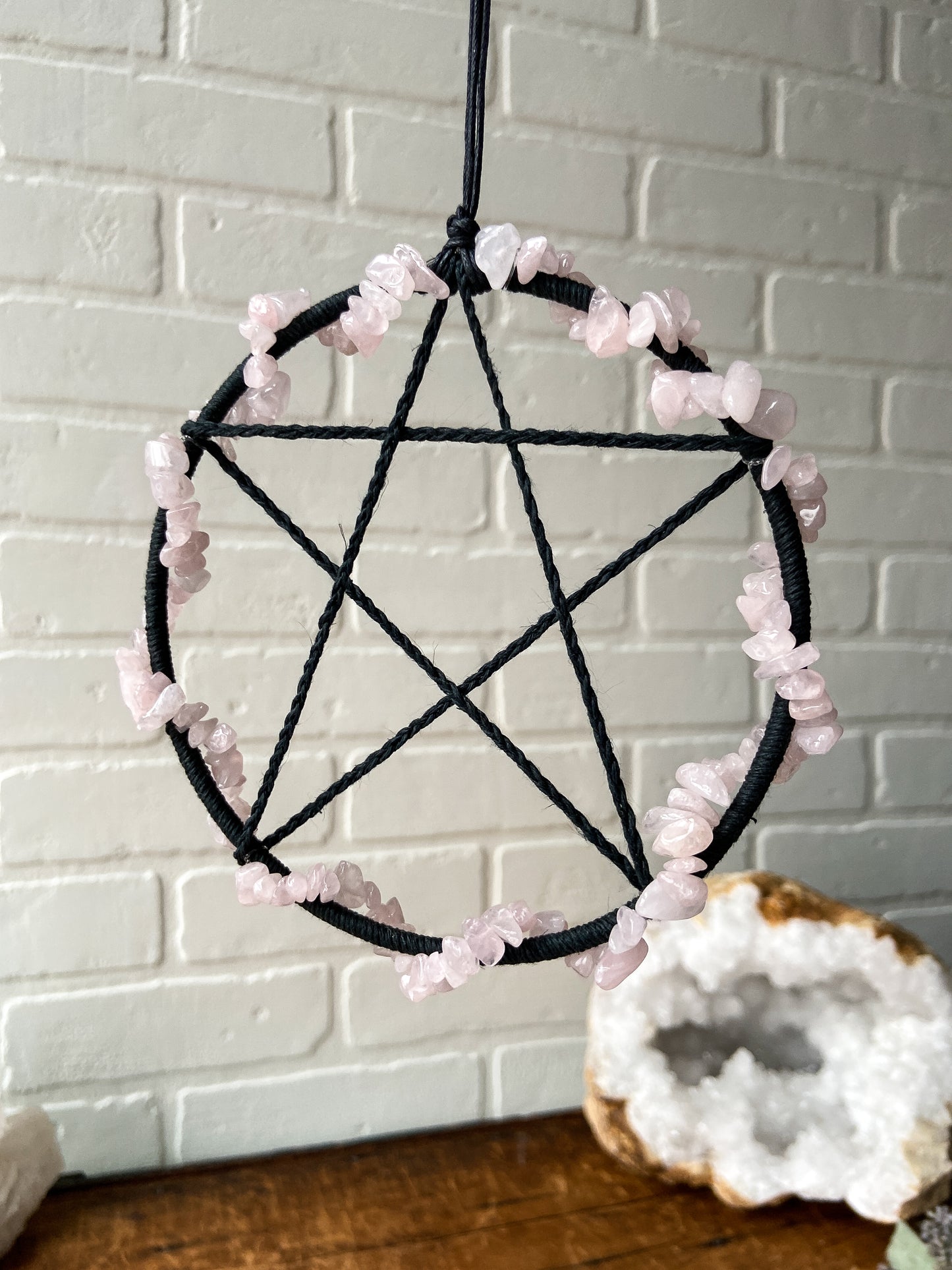 Black Pentacle with Rose Quartz Crystals